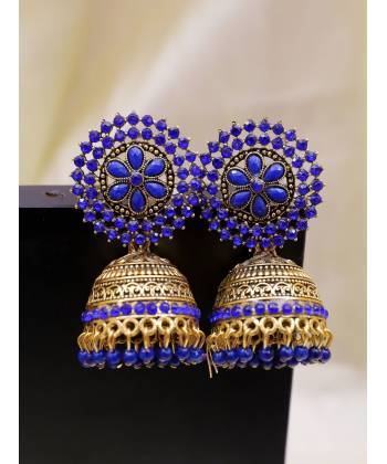 Gold-Plated Blue Kundan Work Jhumka Earrings RAE1615