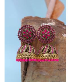 Gold-plated Dark- Pink Design Jhumki Earrings RAE1620