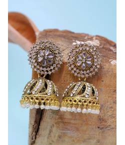 Ethnic Gold-Plated White Pearl & Stone Studded Jhumki Earrings RAE1622