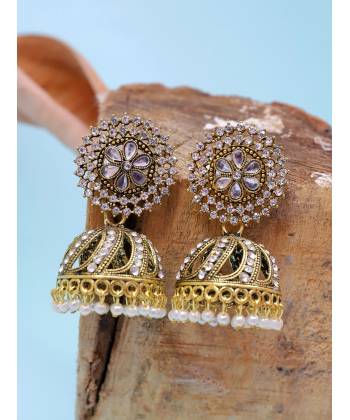 Ethnic Gold-Plated White Pearl & Stone Studded Jhumki Earrings RAE1622