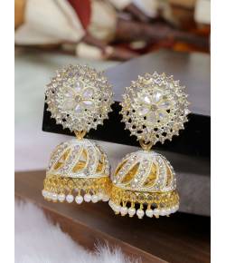 Crunchy Fashion Ethnic Floral Gold-Plated White Pearl & Stone Studded Jhumki Earrings RAE1623