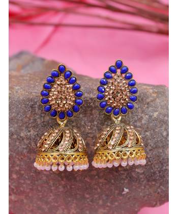 Traditional Blue Beads and Stone Gold Plated Jhumki Earrings RAE1625