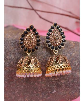 Traditional Black Beads and Stone Gold Plated Jhumki Earrings RAE1626