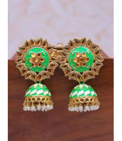 Traditional Golden Green Meenakari Floral Kundan Jhumki Earrings RAE1631