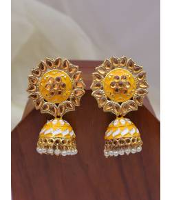Traditional Golden Yellow Meenakari Floral Kundan Jhumki Earrings RAE1633