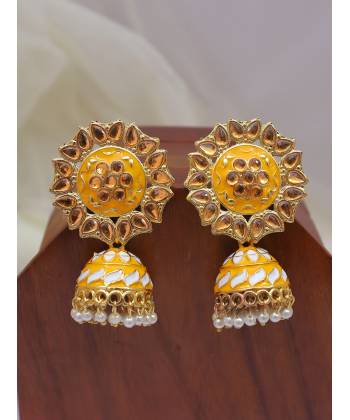 Traditional Golden Yellow Meenakari Floral Kundan Jhumki Earrings RAE1633