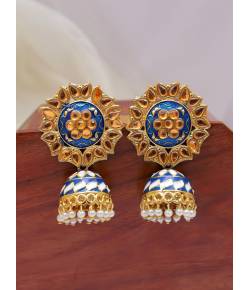 Traditional Golden Blue Meenakari Floral Kundan Jhumki Earrings RAE1634