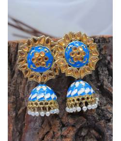 Traditional Golden Sky  Blue Meenakari Floral Kundan Jhumki Earrings RAE1635