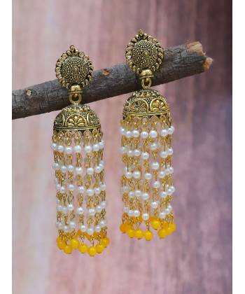 Punjabi Traditional  Gold Finished Yellow Pearl  Jhumki Style Earrings RAE1641