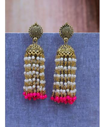 Punjabi Traditional  Gold Finished Pink Pearl  Jhumki Style Earrings RAE1642