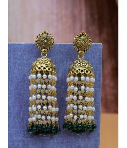 Punjabi Traditional  Gold Finished Green Pearl  Jhumki Style Earrings RAE1643
