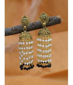 Punjabi Traditional  Gold Finished Black Pearl  Jhumki Style Earrings RAE1645