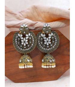 Oxidised Golden Sassy Stoning Mirror Jhumka Earrings RAE1652