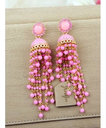 Gold Plated Pink Pearl Layered Jhumka Earring