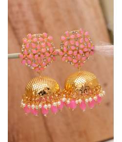 Traditional Pink Floral Golden Jhumki Earrings RAE1682