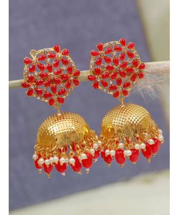 Traditional Red Floral Golden Jhumki Earrings RAE1684