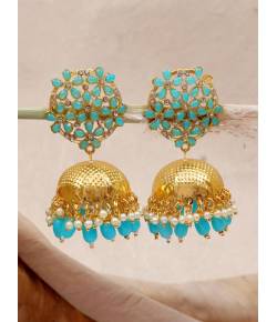 Traditional Sky Blue Floral Golden Jhumki Earrings RAE1687