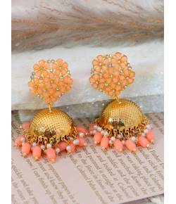 Crunchy Fashion Traditional Gold Tonned Peach Floral  Jhumki Earrings  RAE1688