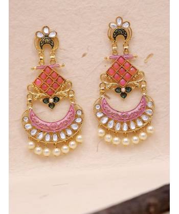 Royal Heavy Chandbali Gold-Plated Pink Drop & Dangler Earrings RAE1690