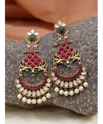 Royal Heavy Chandbali Gold-Plated Red & Green Drop & Dangler Earrings RAE1695