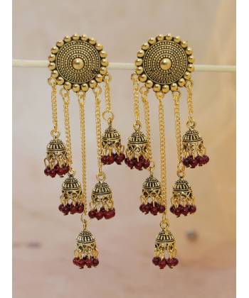 Retro Gold Jhumka Maroon Beads Long Chain Tassel Hangers Earrings RAE1788
