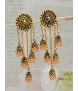 Retro Gold Jhumka Peach Beads Long Chain Tassel Hangers Earrings RAE1789