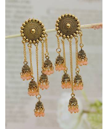 Retro Gold Jhumka Peach Beads Long Chain Tassel Hangers Earrings RAE1789