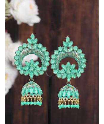 Crunchy Fashion Gold-plated Sea- Green Kundan Pearl Ethnic Jhumka Earings 