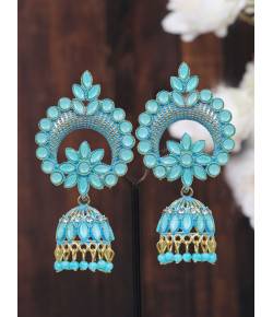 Crunchy Fashion Gold-Plated Turquoise-Blue Kundan Pearl Ethnic Jumka Earrings 