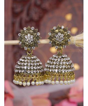 Crunchy Fashion Ethnic Stone Work Gold-Plated Glamorous Floral Design Jhumki RAE1806