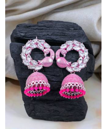 Oxidised German Silver Peacock Theme Pink Kundan Jhumki Earrings RAE1830