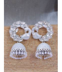 Oxidised German Silver Peacock Theme White  Kundan Jhumki Earrings RAE1833