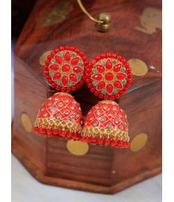 Gold-Plated Bollywood Indian Traditional Red HandPainted Meenakari Jhumka RAE1841