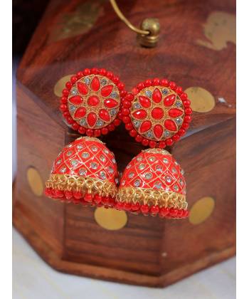 Gold-Plated Bollywood Indian Traditional Red HandPainted Meenakari Jhumka RAE1841