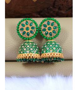 Gold-Plated Bollywood Indian Traditional Green HandPainted Meenakari Jhumka RAE1842