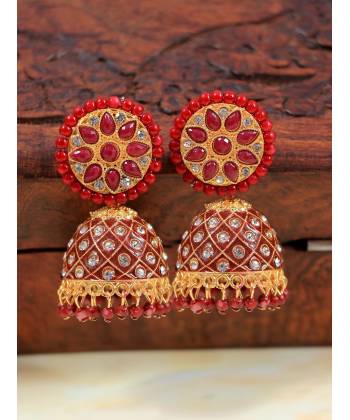 Gold-Plated Bollywood Indian Traditional Red HandPainted Meenakari Jhumka RAE1845