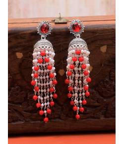 Traditional Stylish Long Silver-Plated Stunning White & Red Pearl Jhumka RAE1853