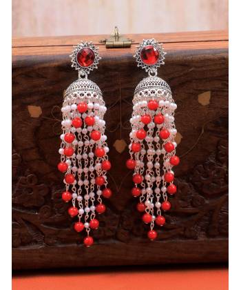 Traditional Stylish Long Silver-Plated Stunning White & Red Pearl Jhumka RAE1853