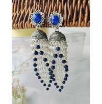 Blue Pearls Oxidised Silver Long Ethnic Jhumka Earrings for Women