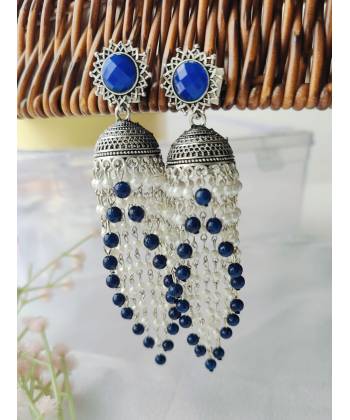 Blue Pearls Oxidised Silver Long Ethnic Jhumka Earrings for Women