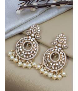 Gold-Plated  Kundan Mirror & White Pearl Earring RAE1860