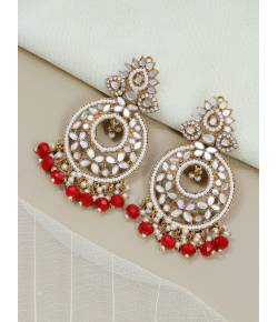 Gold-Plated  Kundan Mirror & Red Pearl Dangler  Earring RAE1861