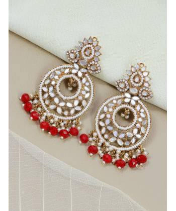 Gold-Plated  Kundan Mirror & Red Pearl Dangler  Earring RAE1861