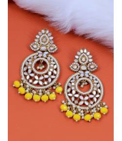 Gold-Plated  Kundan Mirror & Yellow Pearl Dangler  Earring RAE1862