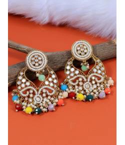 Gold-Plated Concentric Texture Stone Design Multicolor Pearl Dangler Earrings RAE1863