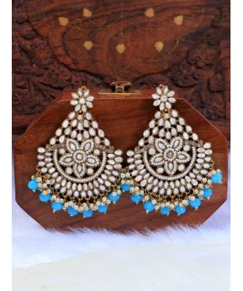  Embelished Gold-Plated Mastani Mirror Design Blue Pearls Big Dangler Earrings RAE1867
