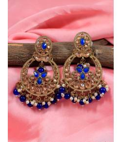 Gold-Plated Kundan Stone Dangler Blue Pearl Studs Earring RAE1871