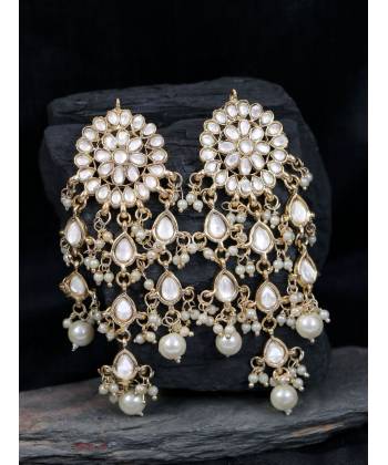Gold-Plated Kundan Dangler Tassel White Pearl Earrings RAE1874