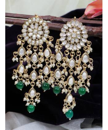 Crunchy Fashion Gold-Plated Kundan Dangler Tassel White & Green Pearl Earrings RAE1875