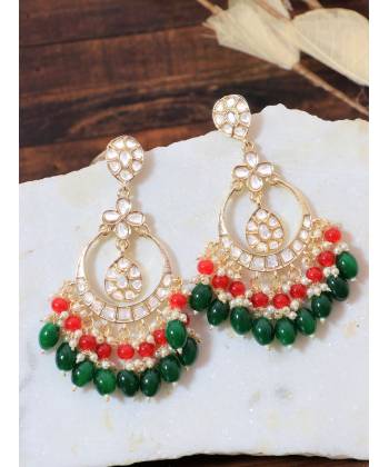 Crunchy Fashion Gold-Plated Kundan Chandbali Red & Green Dangler Earrings RAE1878